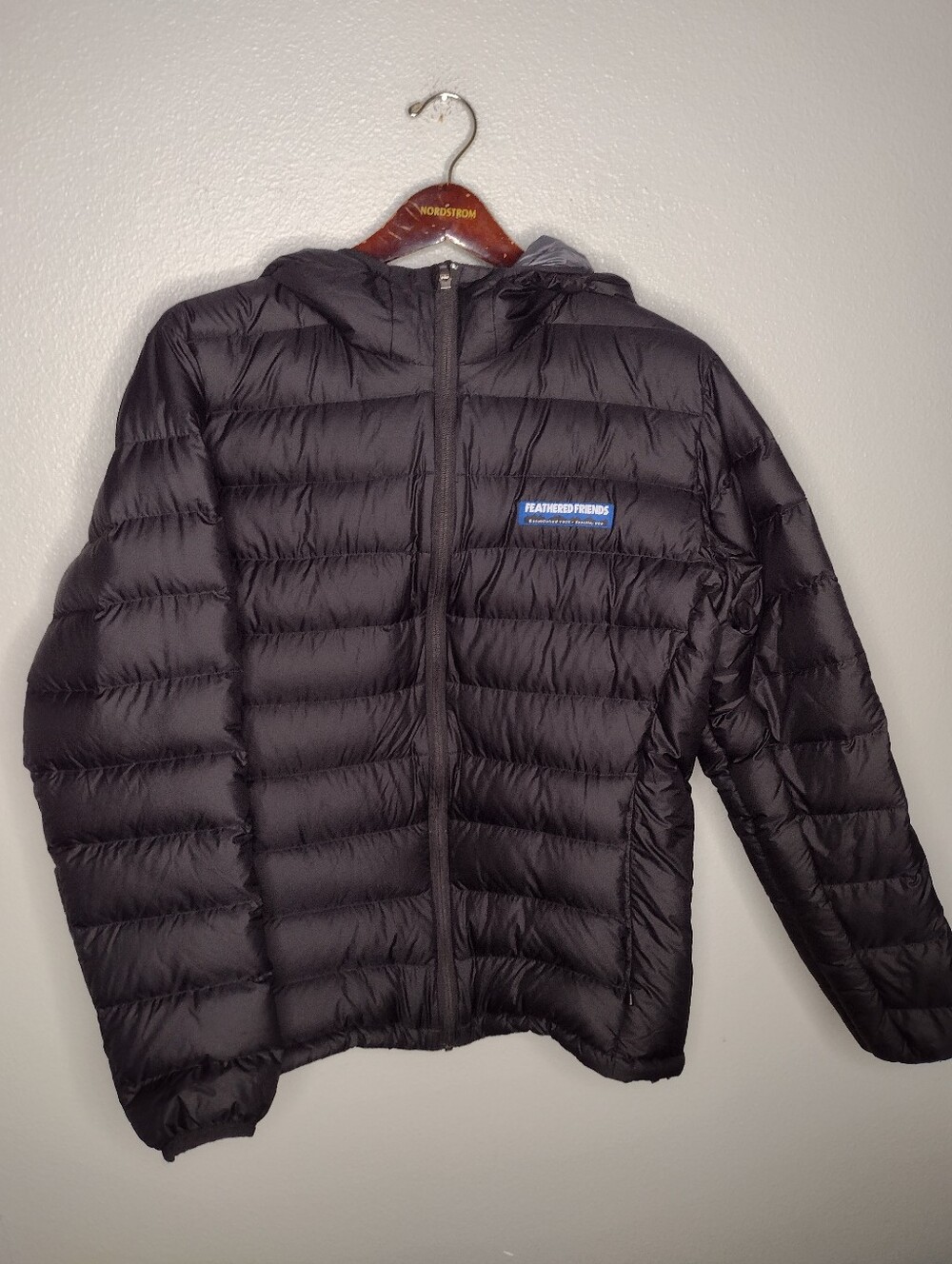 Feathered Friends Women's Eos Down Jacket large Black Hood Puffer Coat